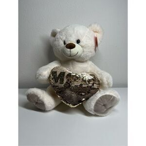 Beautiful NWT Ivory Plush Bear with Reverse Gold Sequin “Mom” Heart 15” Soft Toy